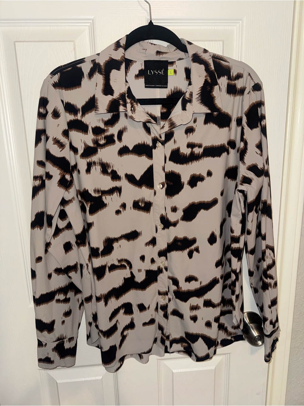 Lysse Beige and Black Abstract Animal-Print Button-Down Shirt